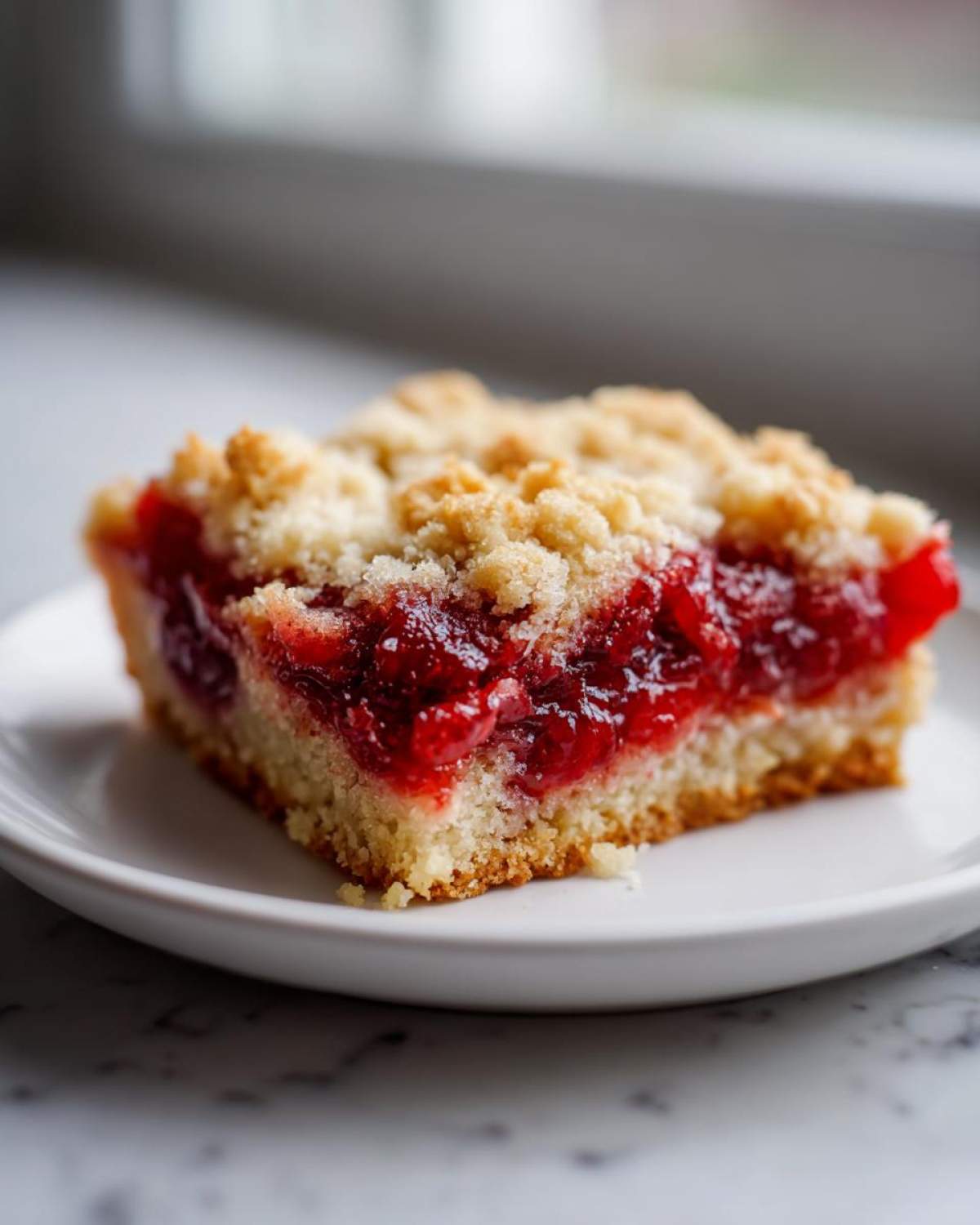 A close-up of a square slice of cherry dump cake with a thick layer of bright red cherry filling and a crumbly topping.