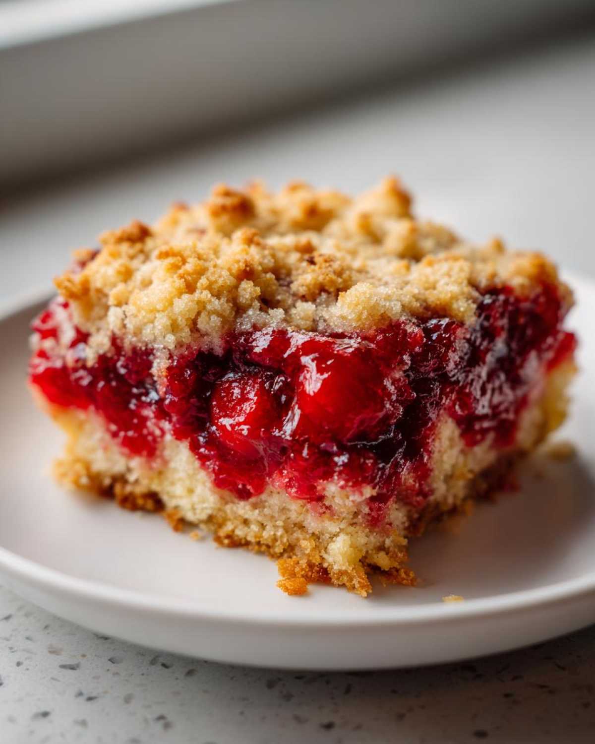 A close-up of a square slice of moist cherry dump cake with a bright red cherry filling and a crumbly topping.