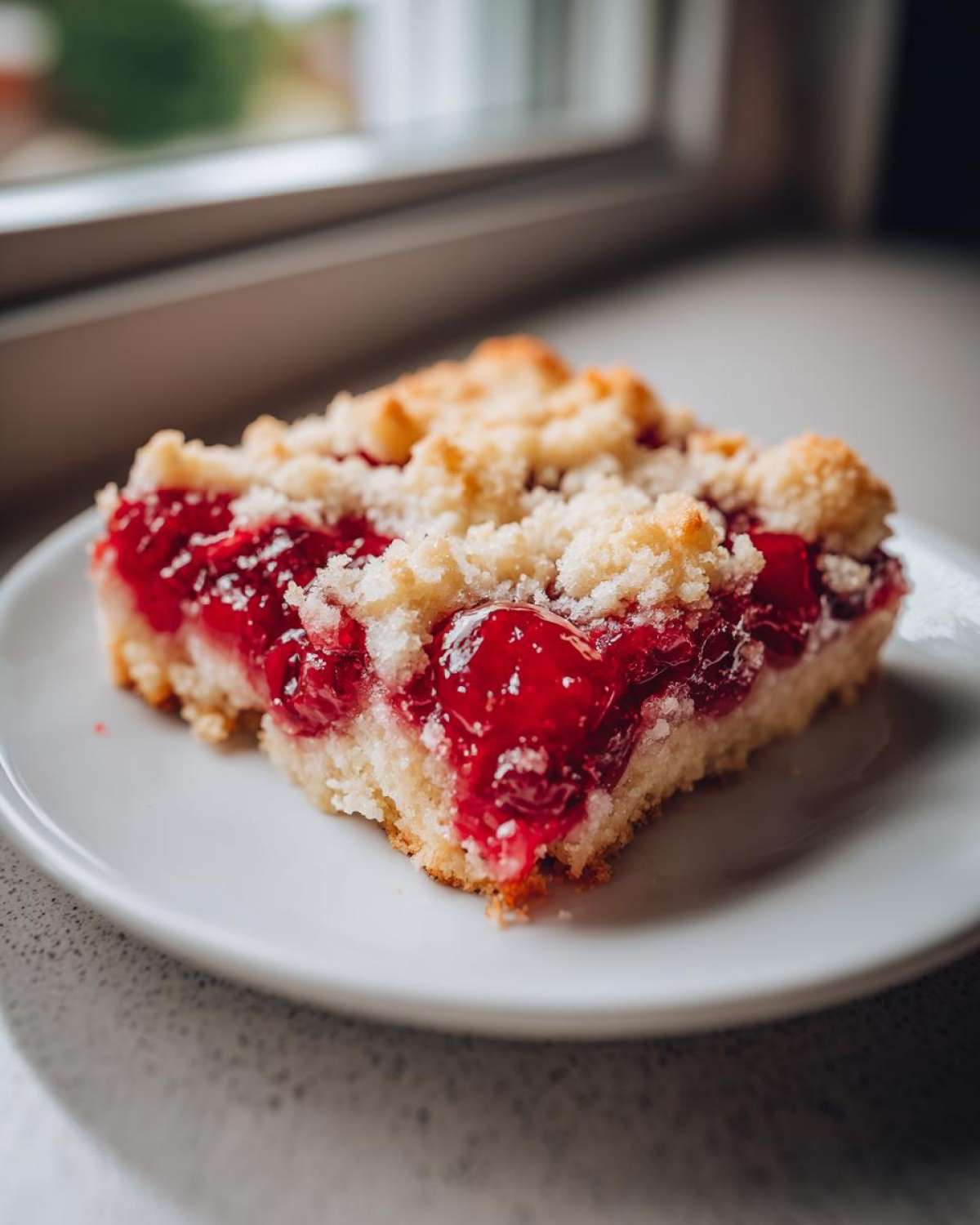 Close-up of a square slice of cherry dump cake with a bright red cherry filling and crumb topping on a white plate.