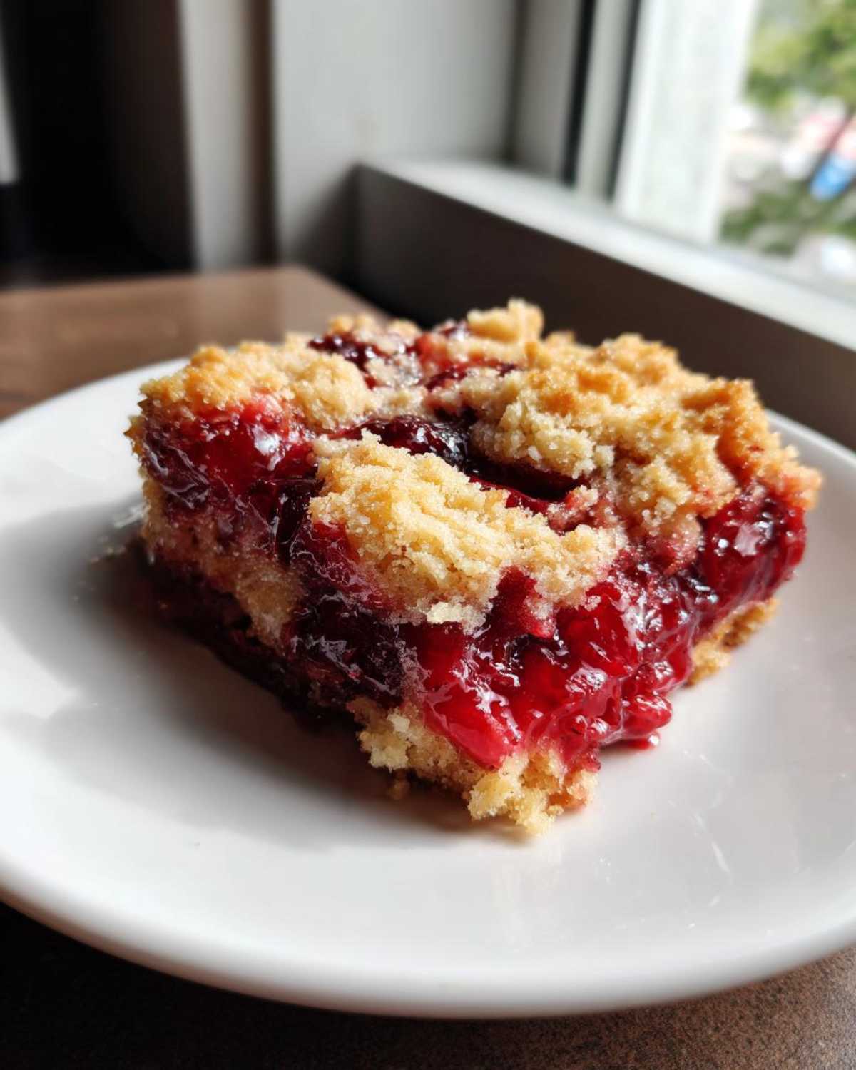 A square serving of moist cherry dump cake with a crumbly topping, served on a white plate.