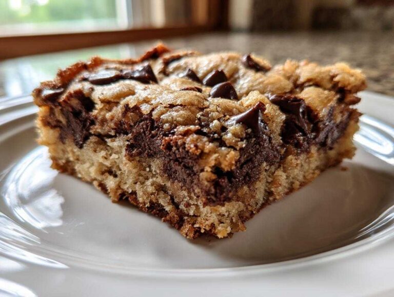 A close-up view of a thick, chewy Chocolate Chip Cookie Bars slice with melted chocolate chunks on a white plate.