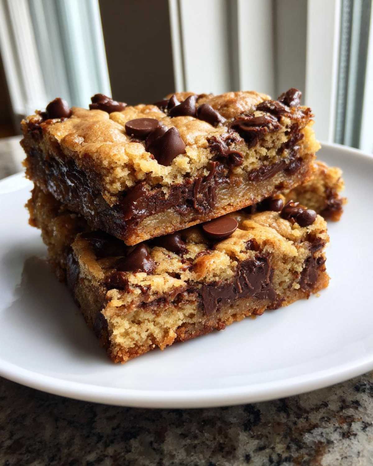 Two stacked, thick, chewy Chocolate Chip Cookie Bars with melted chocolate centers on a white plate.