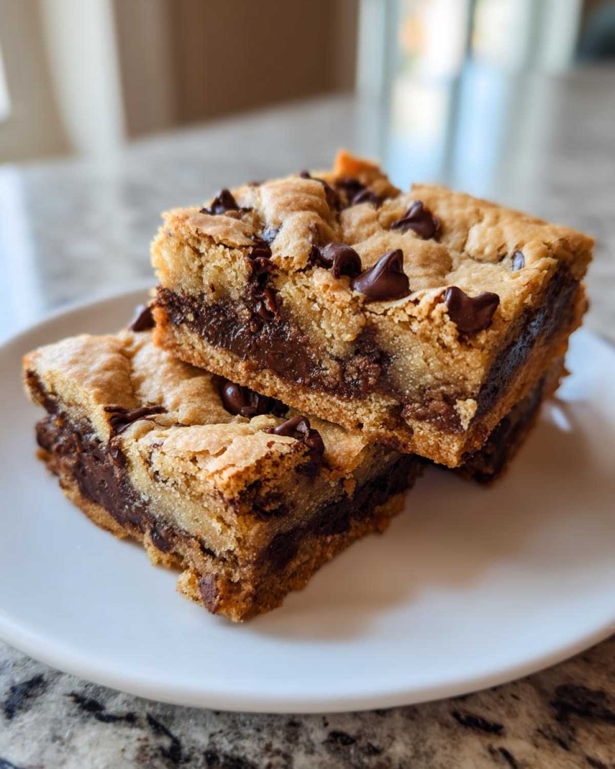Two thick, chewy Chocolate Chip Cookie Bars stacked on a white plate, showing melted chocolate centers.