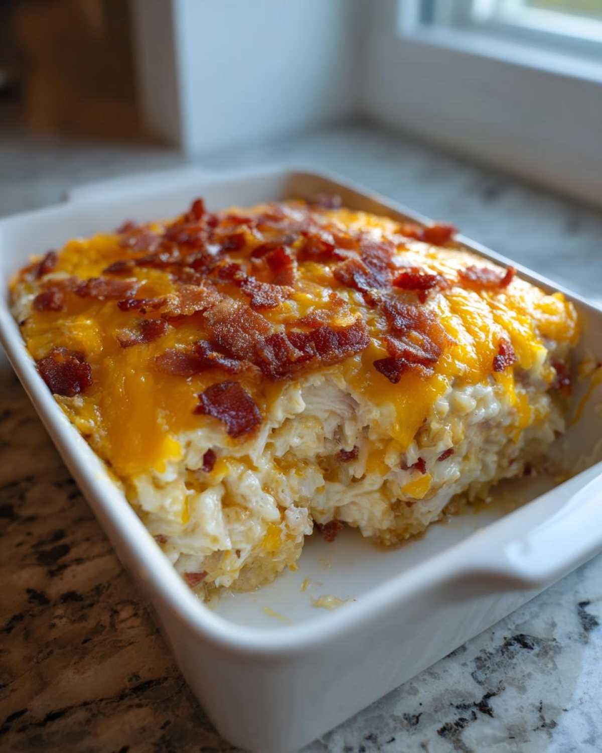 A portion of creamy Chicken Bacon Ranch Casserole topped with melted cheddar cheese and crispy bacon bits in a white baking dish.