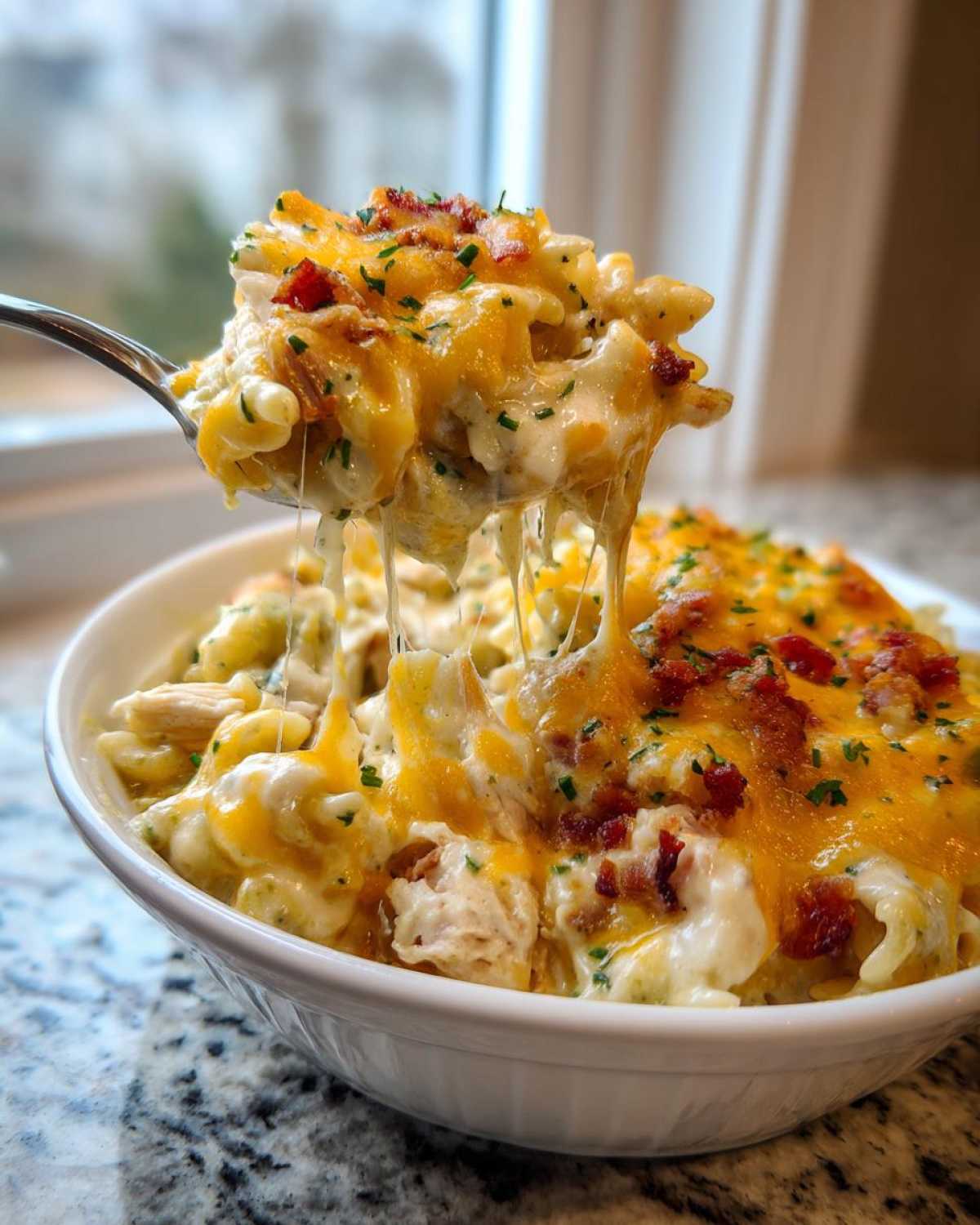 A spoonful of creamy Chicken Bacon Ranch Casserole showing a dramatic cheese pull, topped with cheddar and bacon bits.