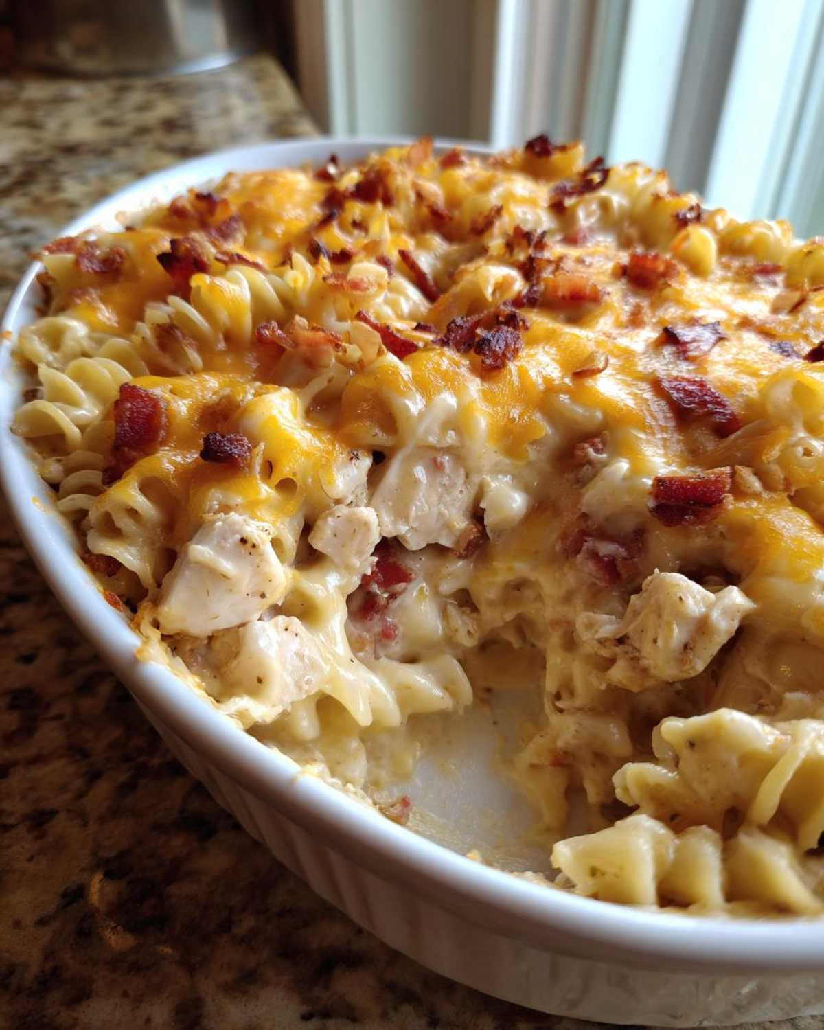 Close-up of a creamy Chicken Bacon Ranch Casserole topped with melted cheddar and crispy bacon bits.
