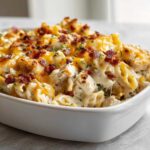 Close-up of a creamy Chicken Bacon Ranch Casserole topped with melted cheddar cheese and crispy bacon bits.