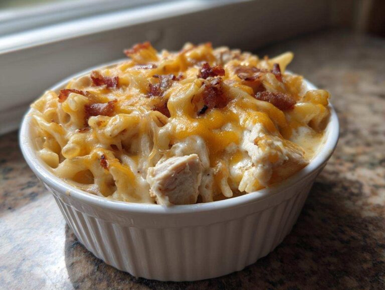 A close-up of a single serving of creamy Chicken Bacon Ranch Casserole topped with melted cheddar and crispy bacon.