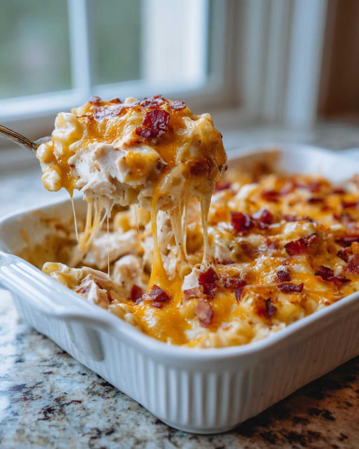 A spoonful of cheesy Chicken Bacon Ranch Casserole showing extreme cheese pull, topped with bacon bits.