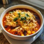 A close-up of a hearty bowl of chicken enchilada soup topped with shredded cheese, black beans, corn, and fresh cilantro.