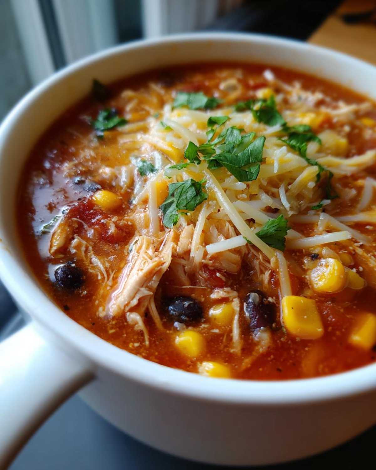 Close-up of a white bowl filled with rich, red chicken enchilada soup, topped with shredded cheese, corn, black beans, and fresh cilantro.