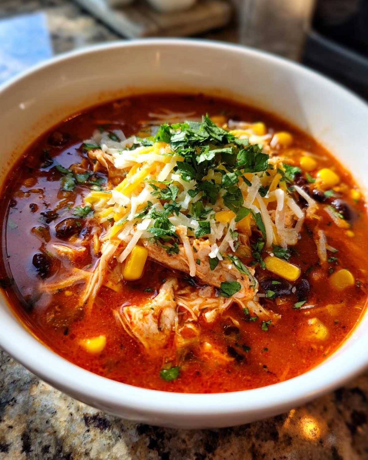 A close-up of a bowl of rich, red chicken enchilada soup loaded with shredded chicken, corn, and black beans, topped with shredded cheese and cilantro.