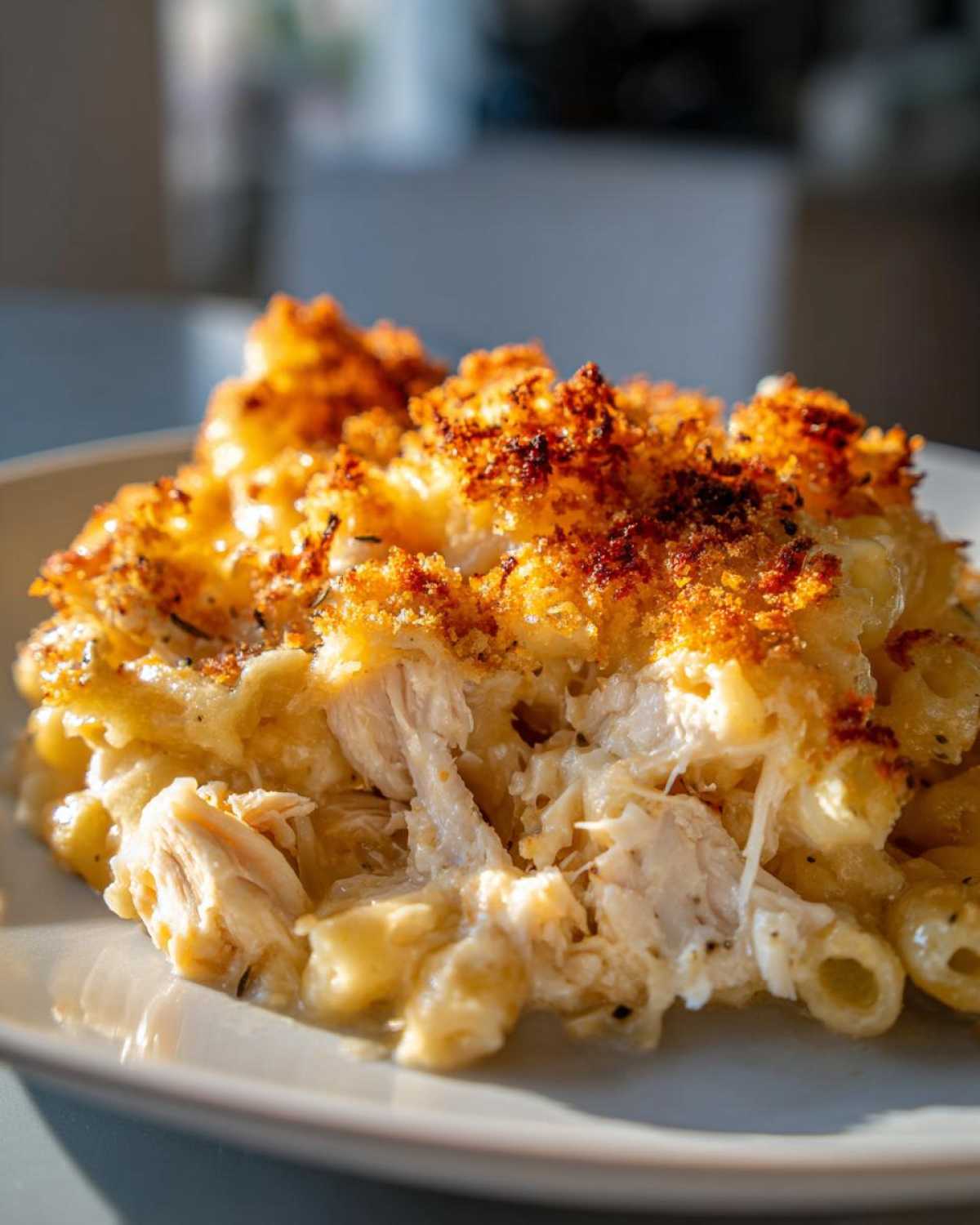 Close-up of a portion of creamy chicken pasta bake showing shredded chicken and a golden, crispy breadcrumb topping.