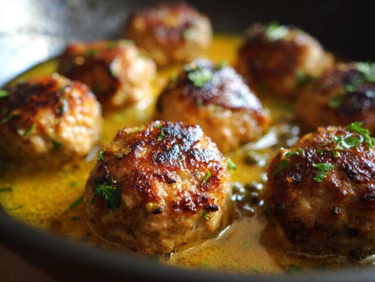 Close-up of browned chicken piccata meatballs simmering in a bright lemon-butter sauce with capers and fresh parsley.