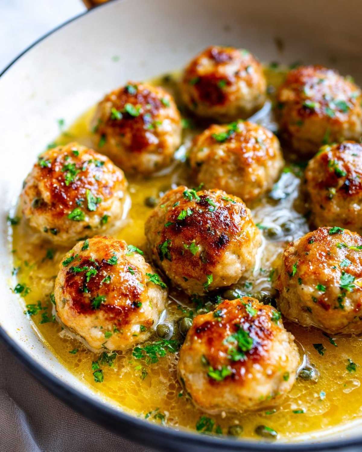 Close-up of browned chicken piccata meatballs simmering in a bright lemon butter sauce with capers and fresh parsley.