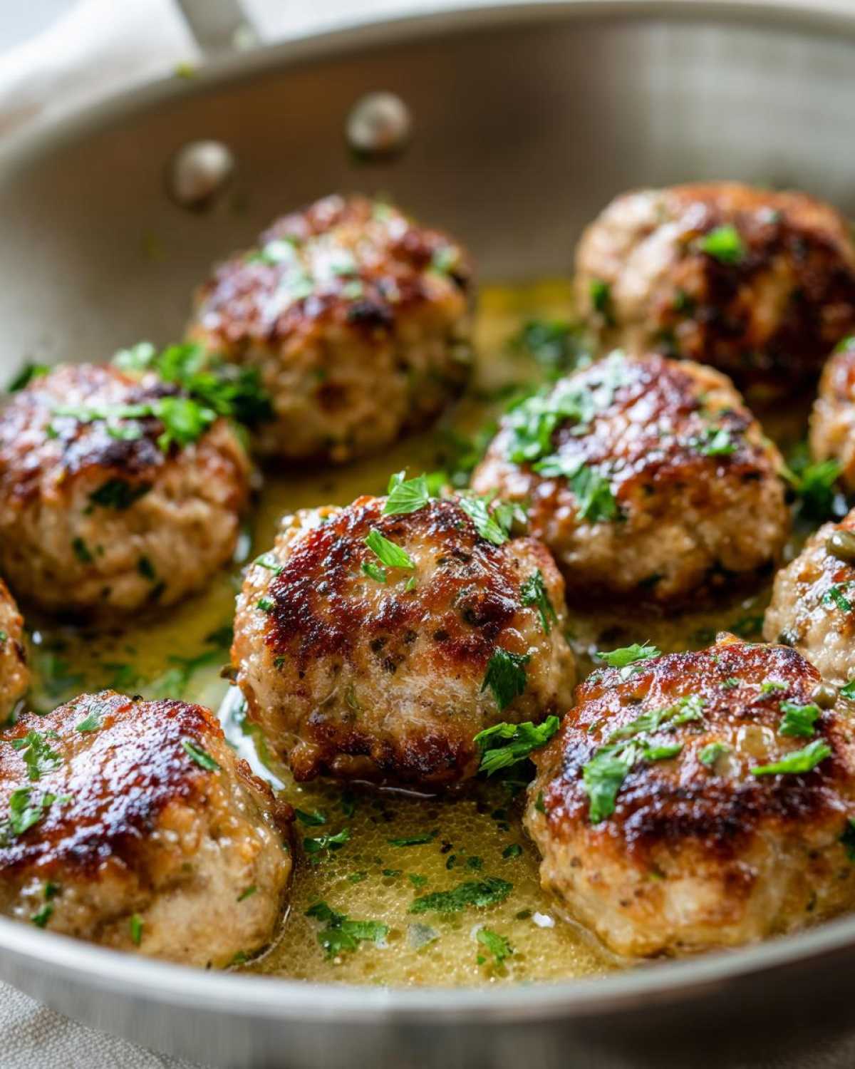 Close-up of browned chicken piccata meatballs simmering in a buttery lemon sauce, garnished with fresh parsley.