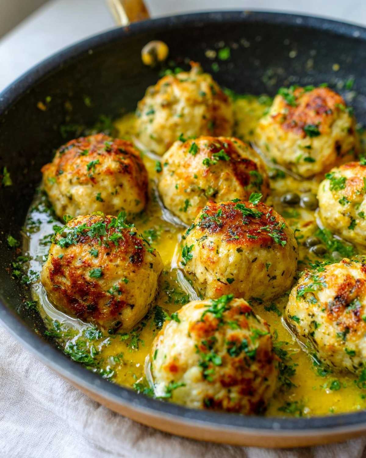 Close-up of golden-brown chicken piccata meatballs simmering in a bright lemon-butter sauce with capers and fresh parsley.