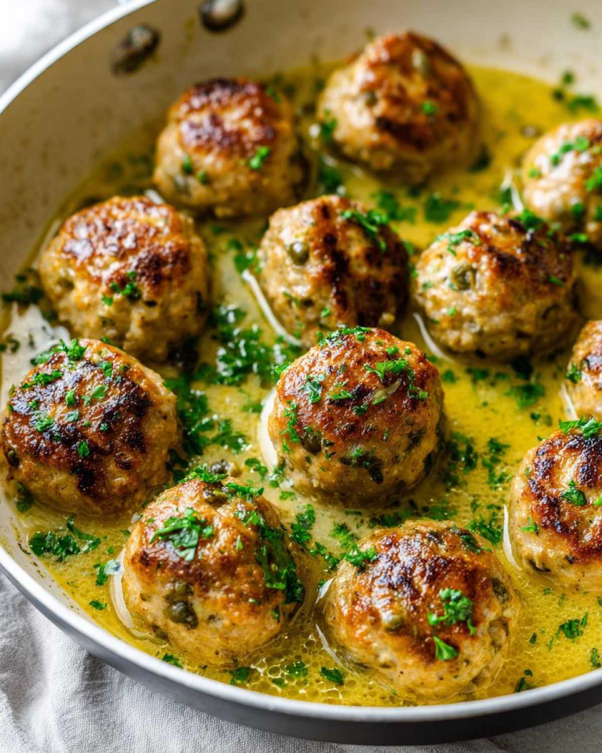 Close-up of golden-brown chicken piccata meatballs simmering in a bright lemon-butter sauce, garnished with parsley.