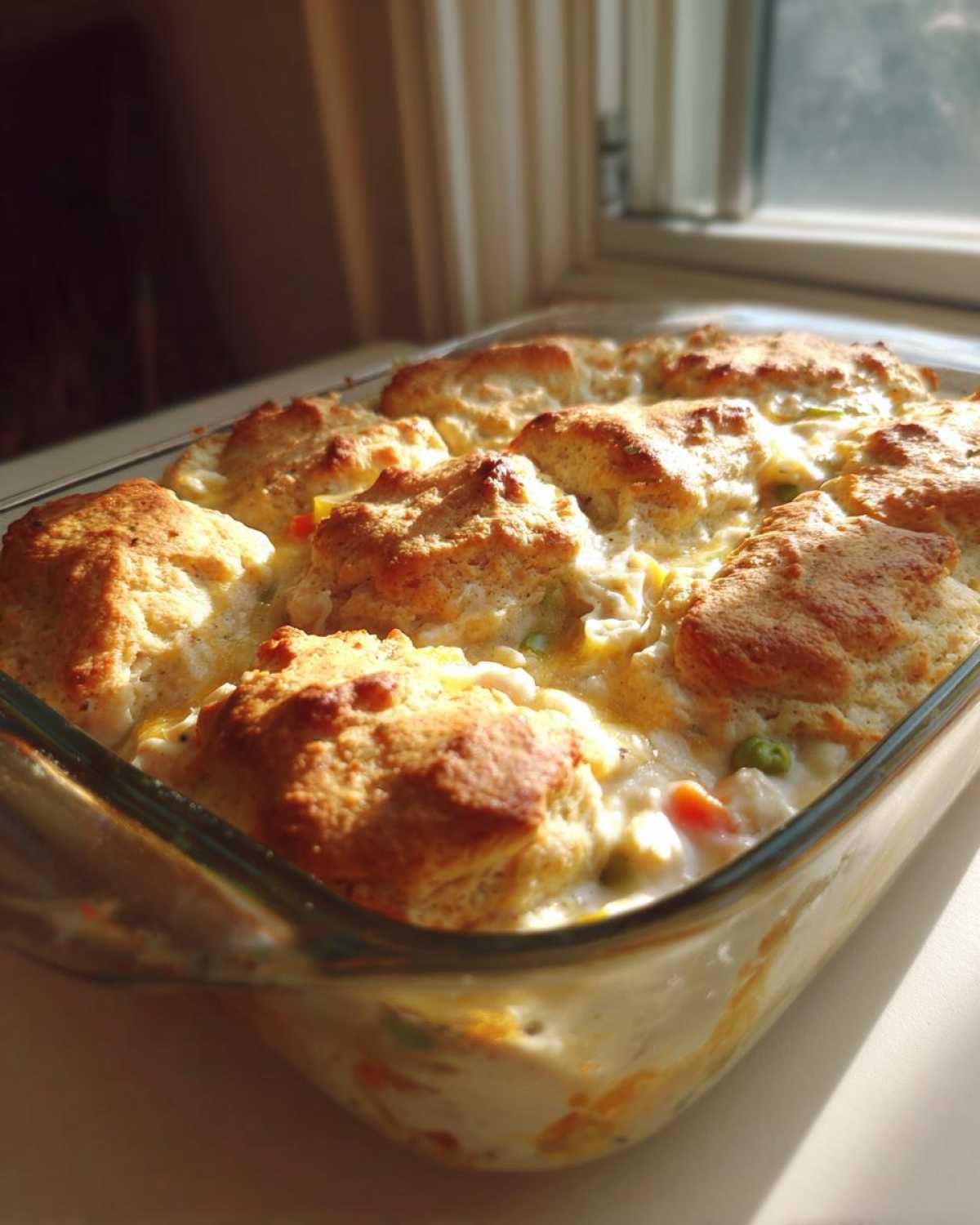 A freshly baked chicken pot pie casserole topped with golden biscuits, sitting in a glass baking dish.