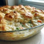 Close-up of a bubbling chicken pot pie casserole topped with golden brown biscuits.