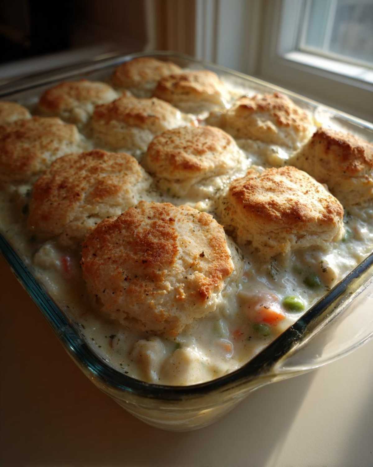 Close-up of a bubbling chicken pot pie casserole topped with golden, fluffy biscuits in a clear baking dish.