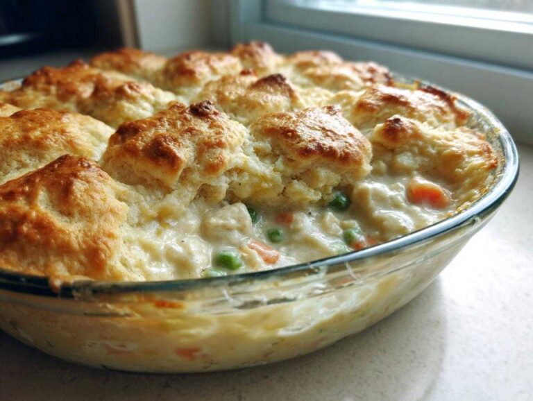 Close-up of a bubbling chicken pot pie casserole topped with golden brown biscuits.