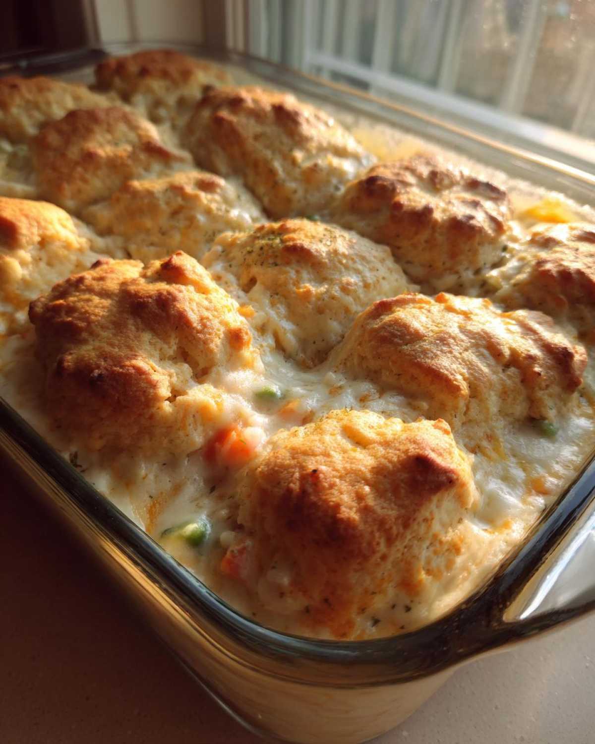 Close-up of a freshly baked chicken pot pie casserole topped with golden biscuits simmering in creamy sauce.