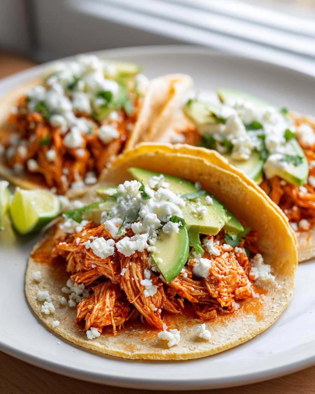 Three authentic Chicken Tinga Tacos served on corn tortillas, topped with shredded chicken, avocado slices, and crumbled white cheese.