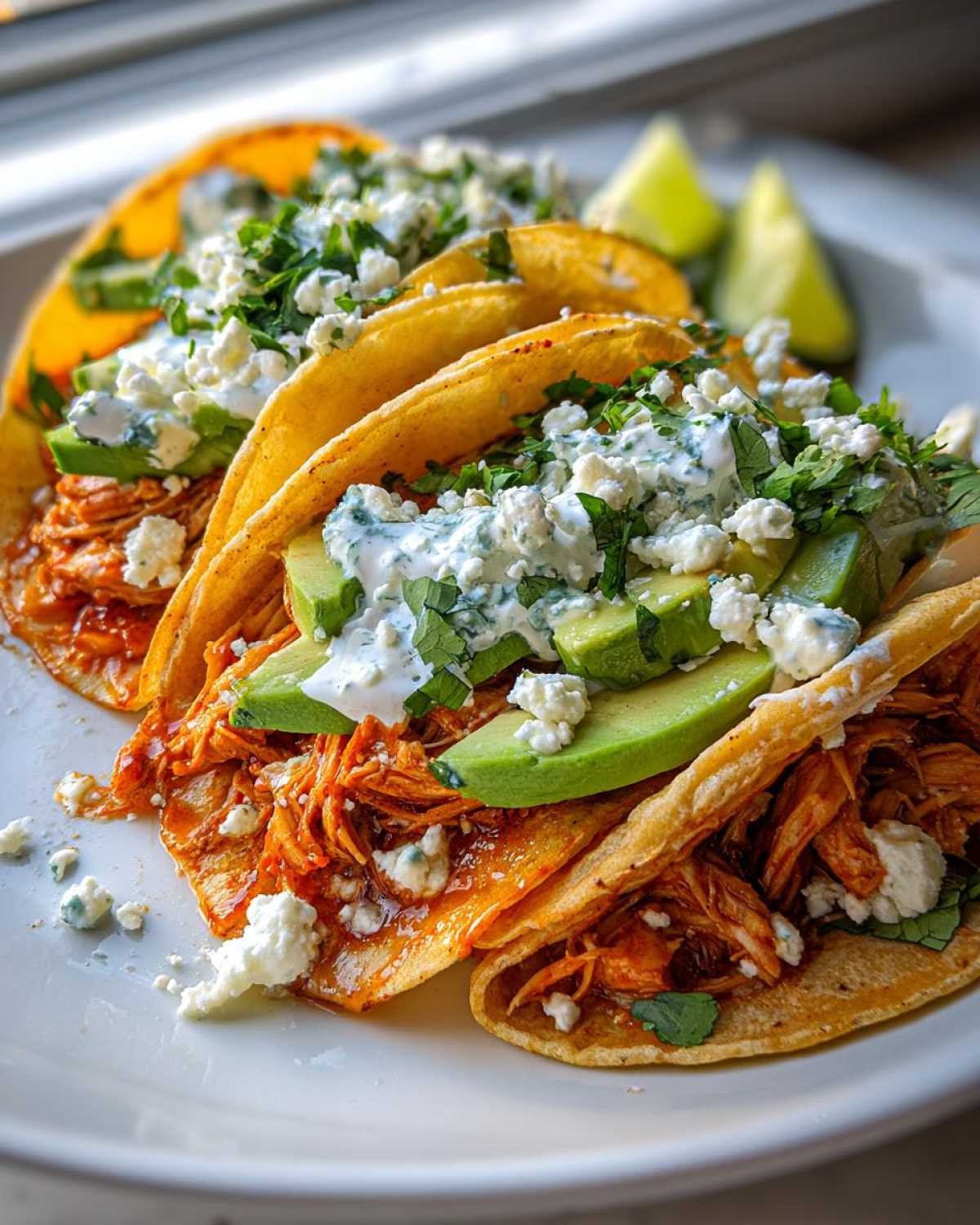 Three loaded Chicken Tinga Tacos Authentic on a white plate, topped with avocado, crema, cotija cheese, and cilantro.