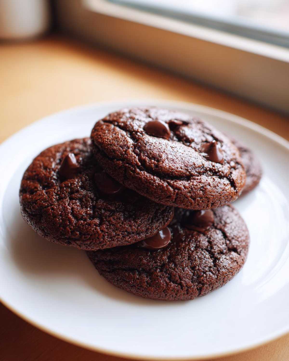 A close-up of three rich, dark Chocolate Chocolate Chip Cookies stacked on a white plate near a window.