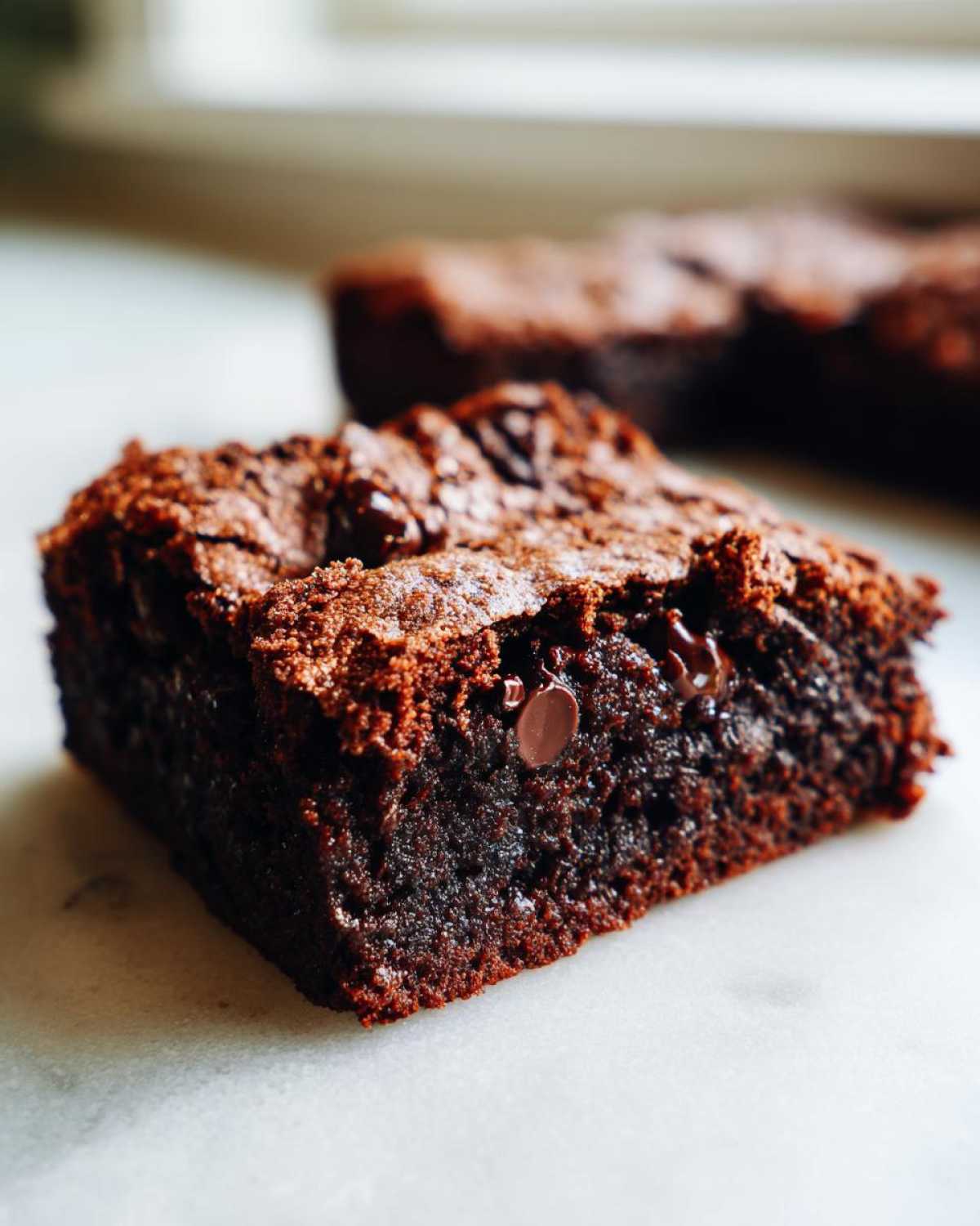 Close-up of a rich, fudgy slice of chocolate cobbler showing melted chocolate chips inside.