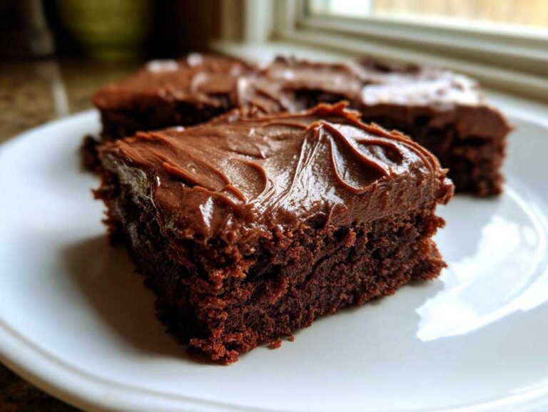 A close-up of a rich, fudgy square of Chocolate Frosted Brownies topped with glossy, swirled chocolate frosting.