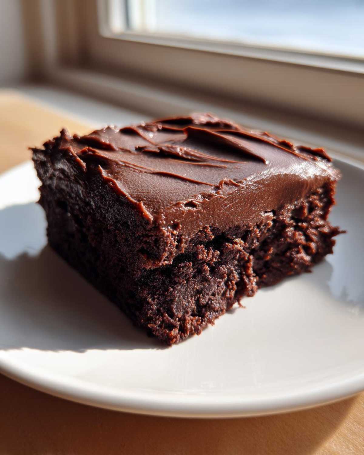 A rich, dark slice of Chocolate Frosted Brownies with thick, swirled chocolate frosting on a white plate.