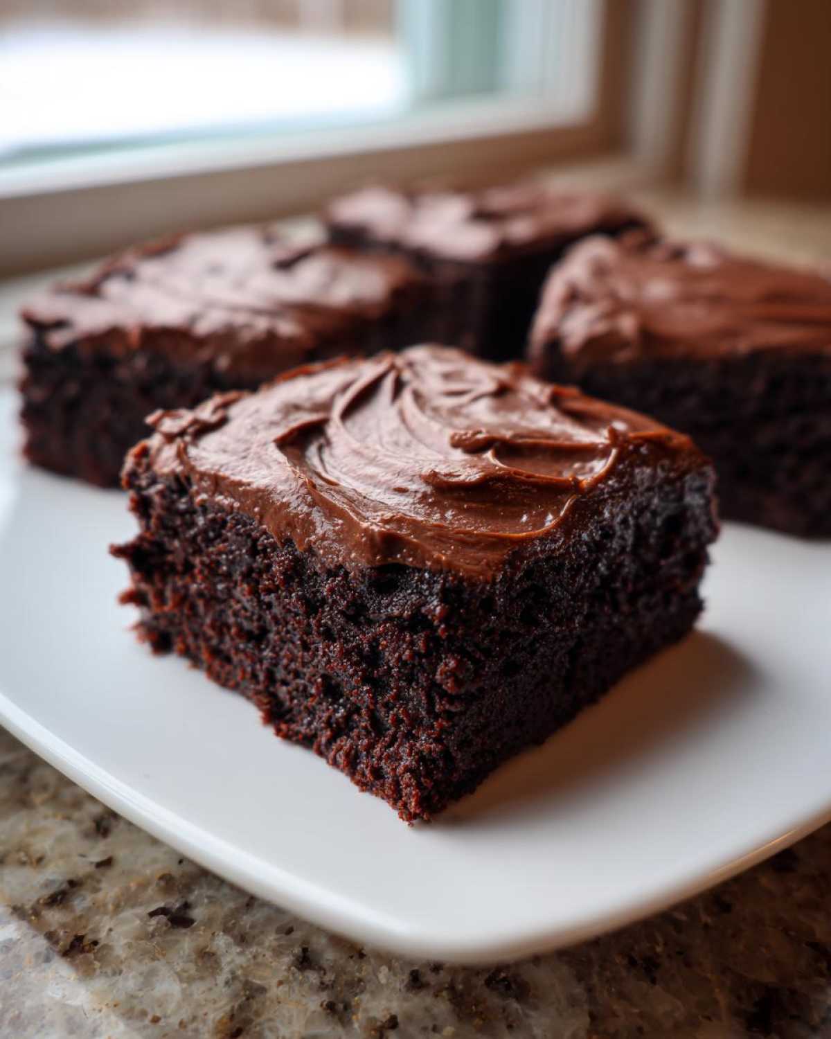 A close-up of a fudgy square of Chocolate Frosted Brownies with thick, glossy chocolate frosting on a white plate.