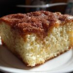 Close-up of a moist slice of Churro Three Milks Cake topped with cinnamon sugar.