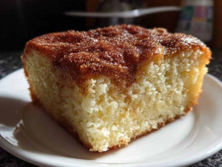 Close-up of a moist slice of Churro Three Milks Cake topped with cinnamon sugar.