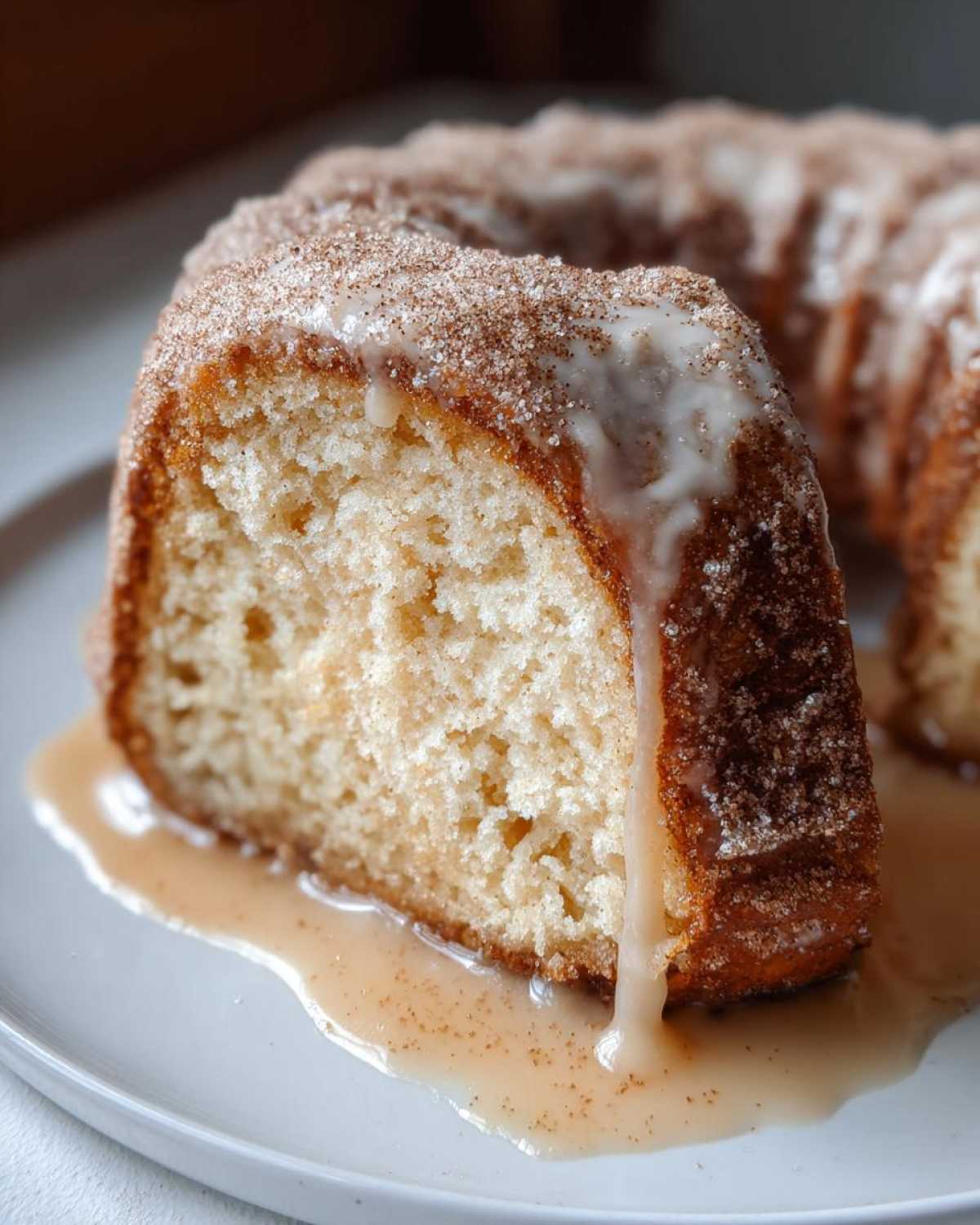 Close-up of a slice of Churro Three Milks Cake showing its moist crumb, topped with cinnamon sugar and dripping with glaze.