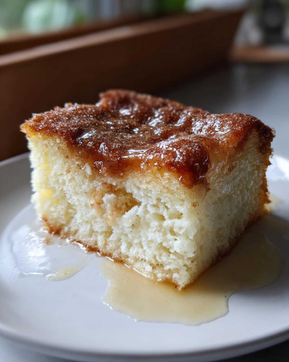 A close-up of a square slice of Churro Three Milks Cake soaking in sweet milk mixture on a white plate.