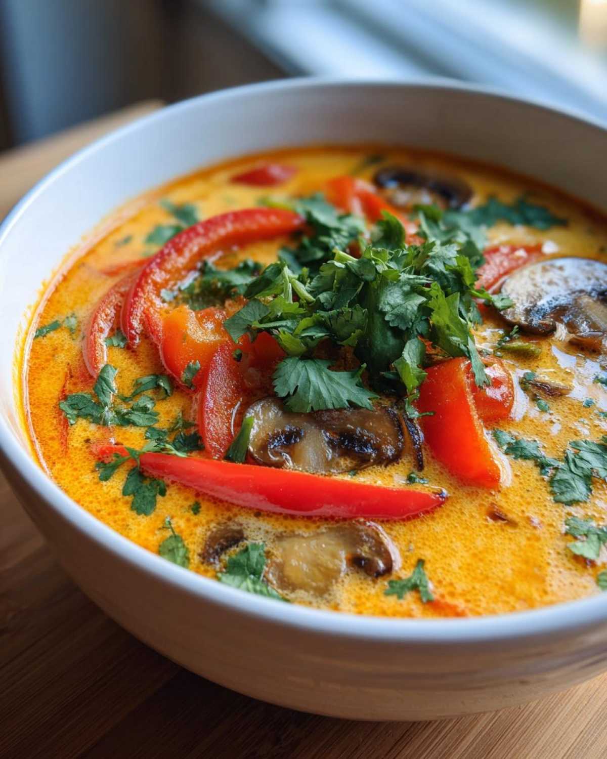 A close-up view of a bowl of rich, orange coconut curry soup topped with sliced red peppers, mushrooms, and fresh cilantro.