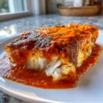 A close-up of a flaky white cod fillet generously topped with vibrant roasted red pepper sauce.