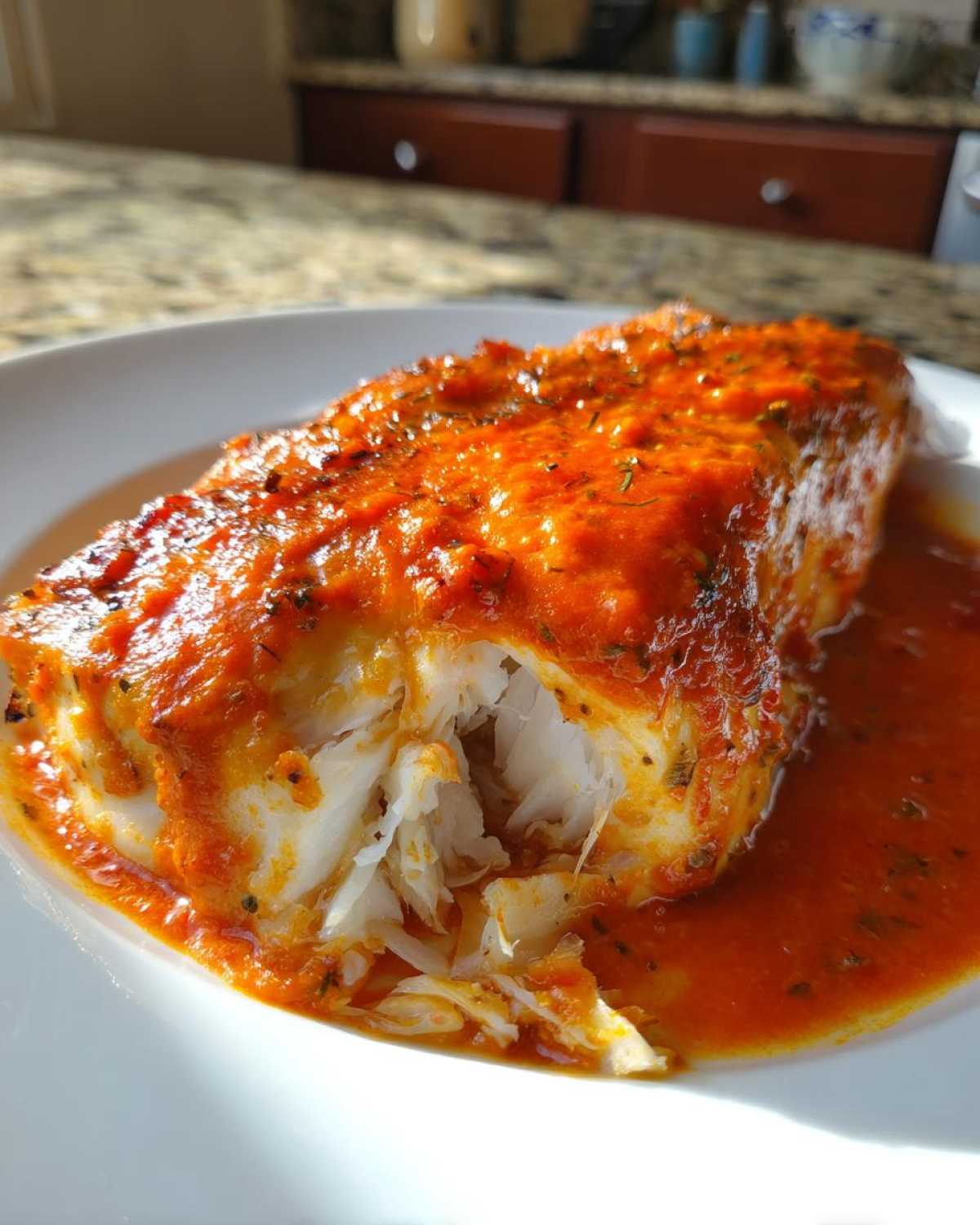 Close-up of flaky white cod fillet generously covered in a vibrant orange-red roasted red pepper sauce.
