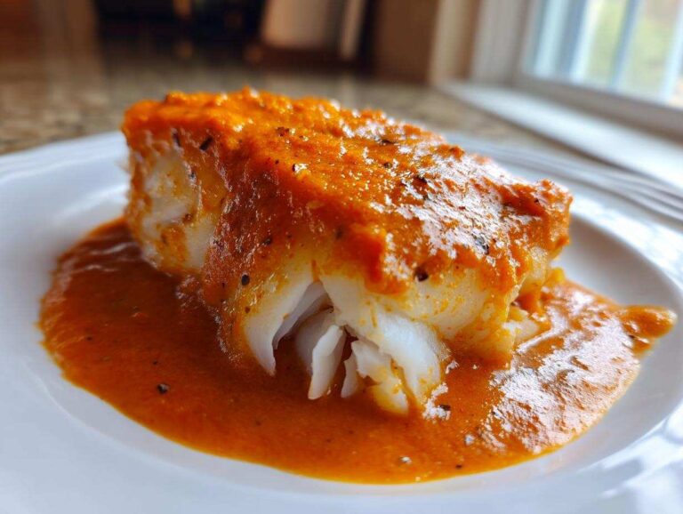 A close-up of a flaky white cod fillet generously topped with vibrant orange roasted red pepper sauce.