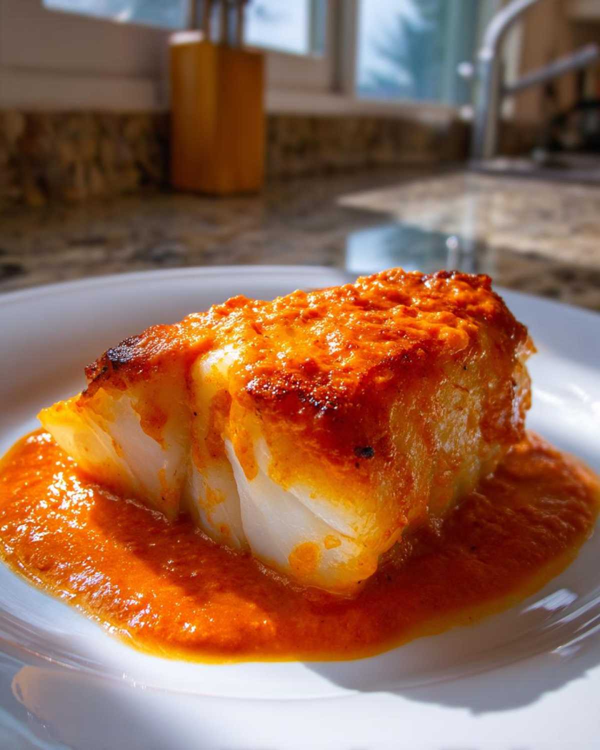 A thick fillet of white cod fish generously topped with vibrant orange roasted red pepper sauce.