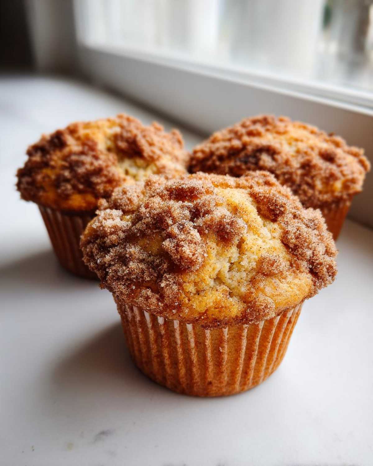 Three freshly baked coffee cake muffins with thick, sugary cinnamon streusel topping sitting on a white counter.