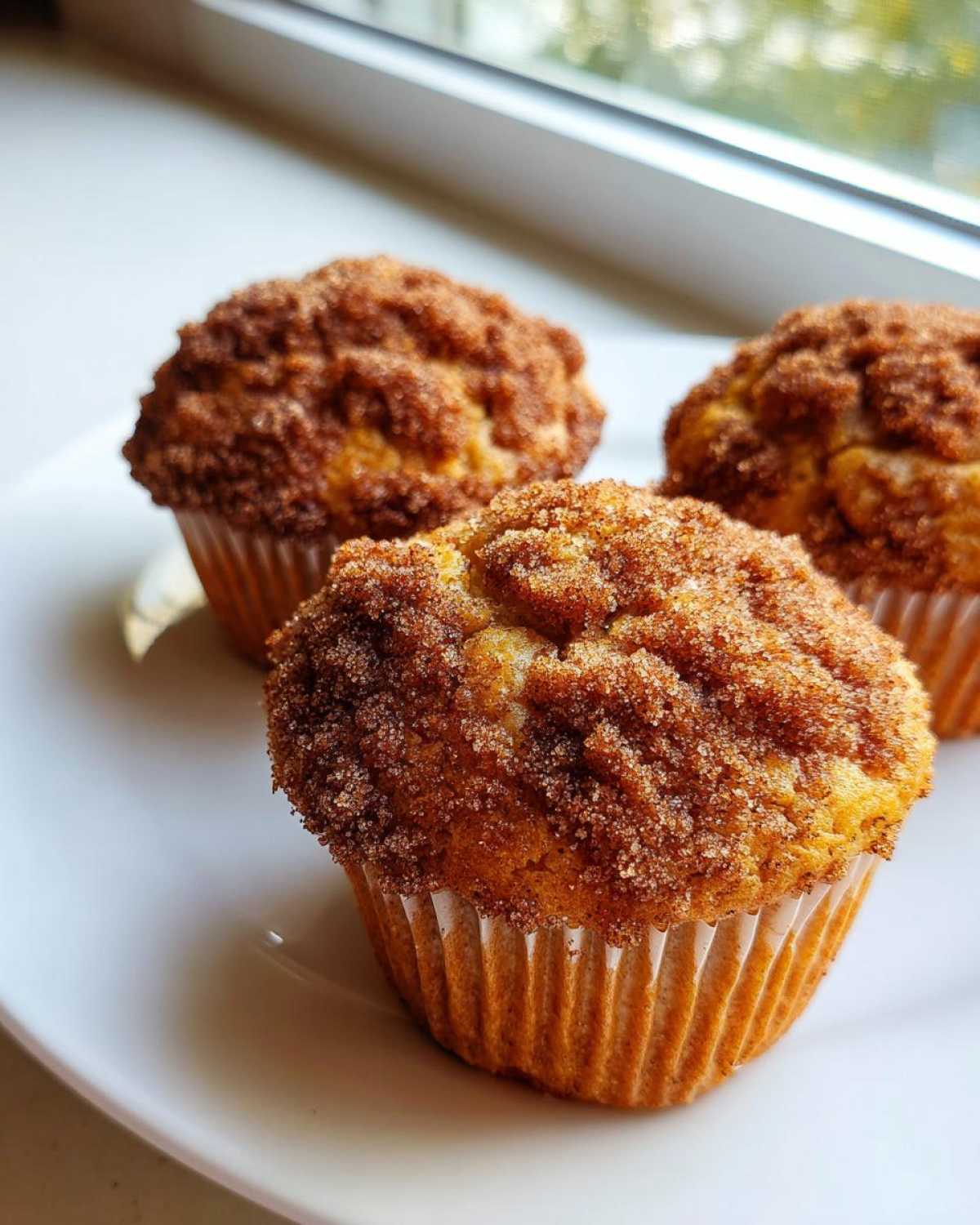 Three freshly baked coffee cake muffins topped with a thick layer of cinnamon sugar streusel, resting on a white plate.