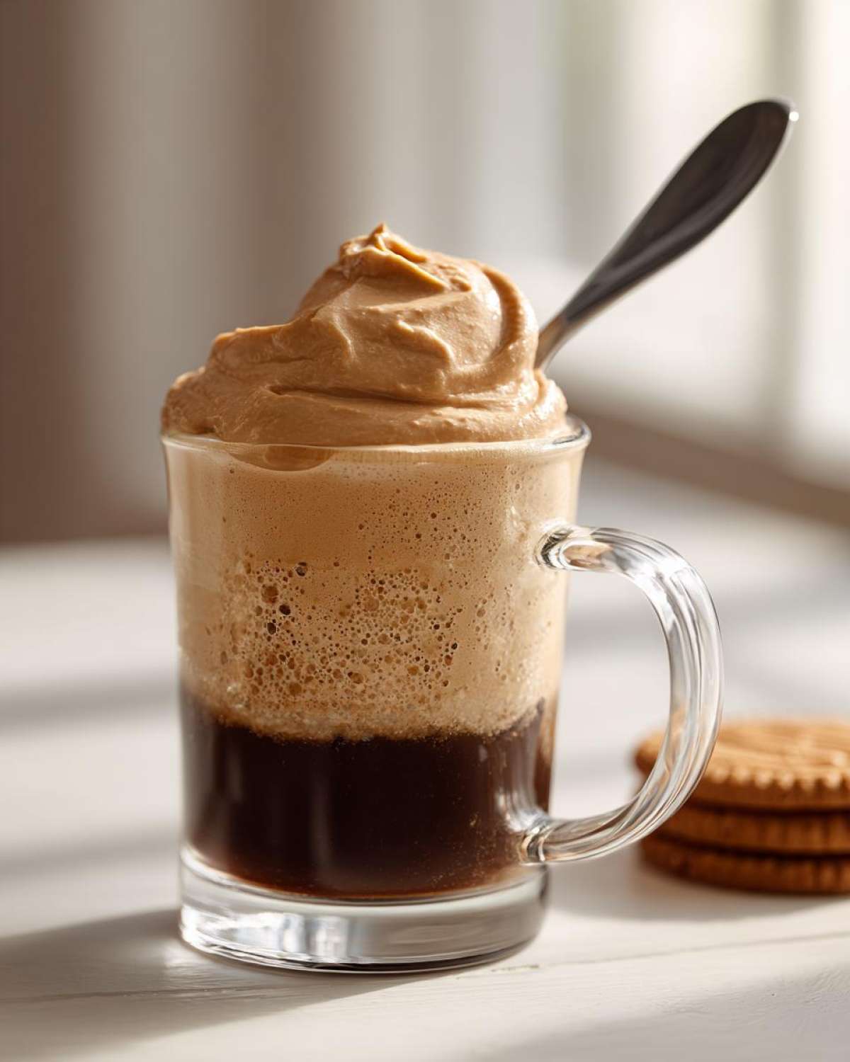 A glass mug filled with dark coffee topped with bubbly foam and a thick swirl of Cookie Butter Cold Foam, with a spoon inserted.