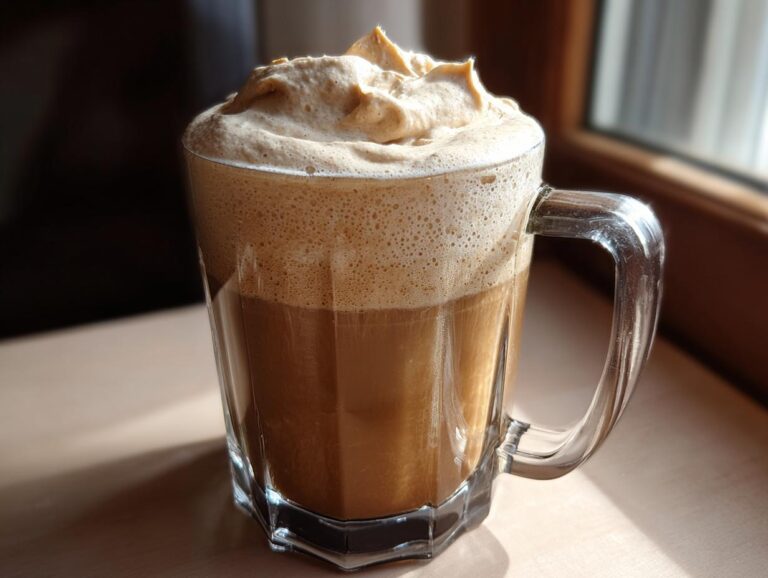 A clear glass mug filled with iced coffee topped generously with thick, whipped Cookie Butter Cold Foam.