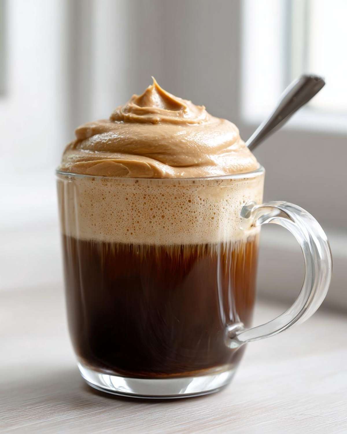 A clear glass mug filled with dark coffee topped with foamy coffee and a generous swirl of thick Cookie Butter Cold Foam.