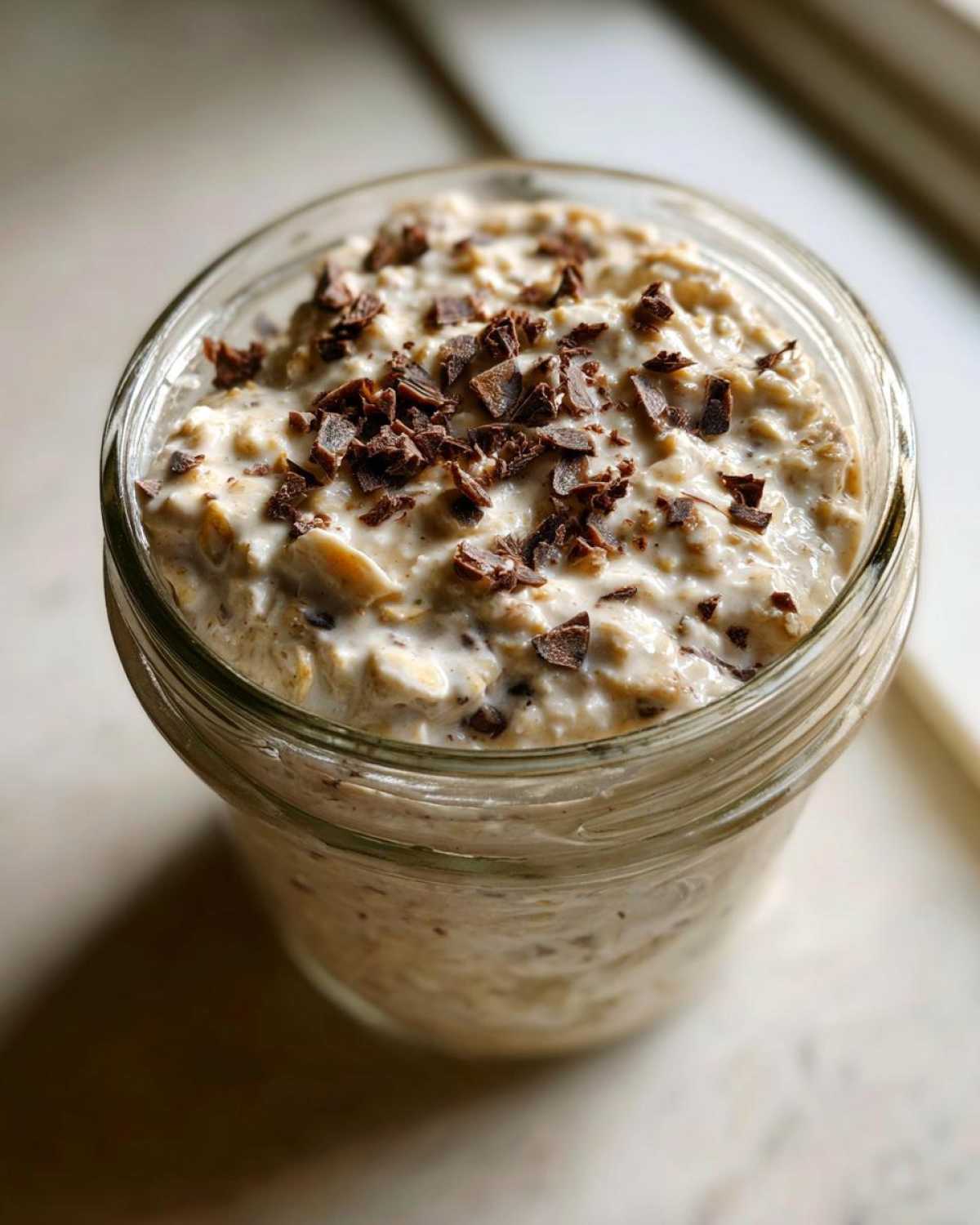 Overhead close-up of creamy Cookie Dough Overnight Oats topped with dark chocolate shavings in a glass jar.