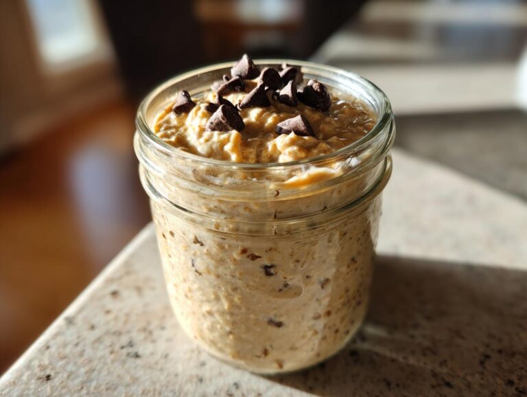 A glass jar filled with creamy Cookie Dough Overnight Oats, topped generously with dark chocolate chips.